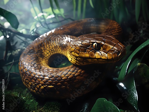 Coiled Snake Predator Poised to Pounce in Lush Jungle Habitat