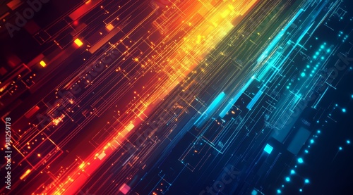Obraz na płótnie Digital data streams with colorful circuits and lines w salonie