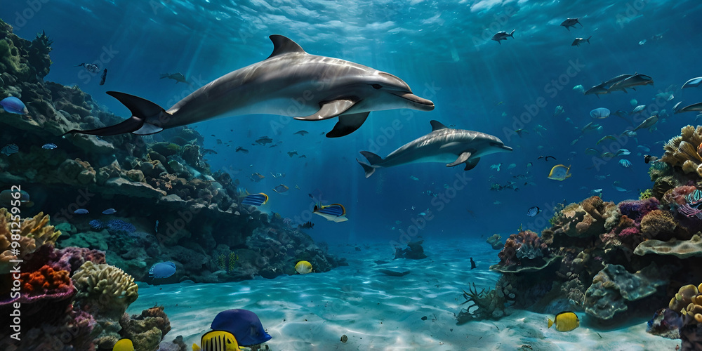 Obraz premium Under the Sea with Beautiful Nature - Vibrant Marine Life and Ocean Scenery Illustration