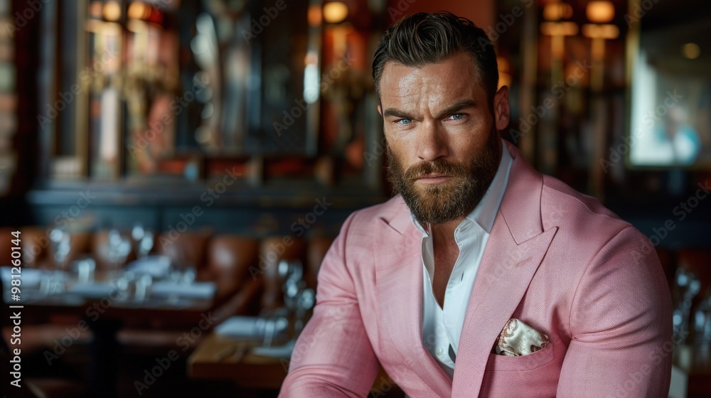 Handsome man in pink suit sitting in a restaurant. Handsome man in pink suit sitting in a restaurant.