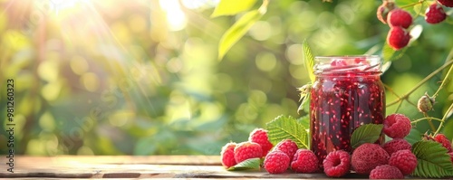 Ripe raspberries scattered around a glass jar filled with homemade raspberry jam, captured in natural sunlight photo