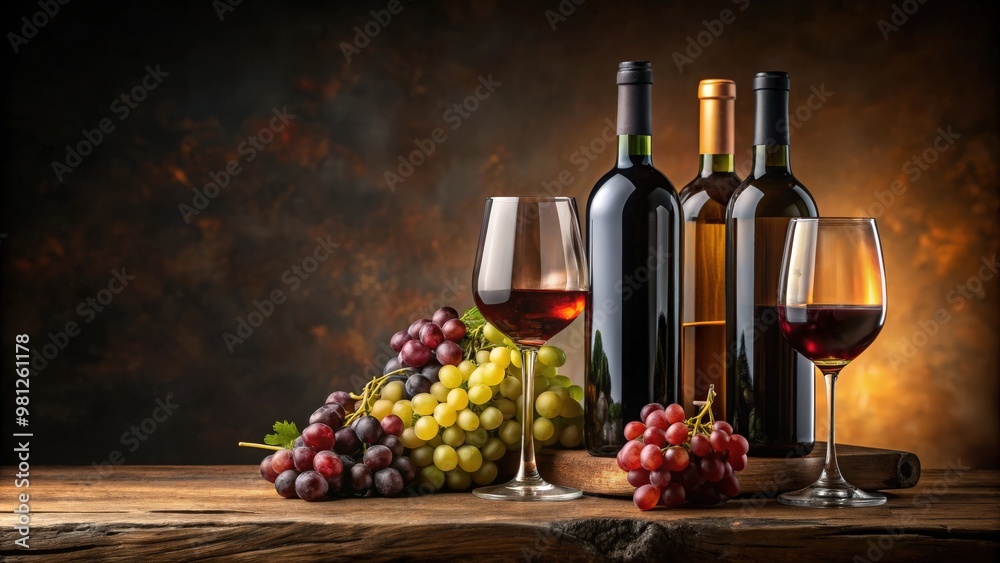Obraz premium Muted, elegant wine still life with bottles, glasses, and grapes, wine, still life, background, elegant, muted, bottles