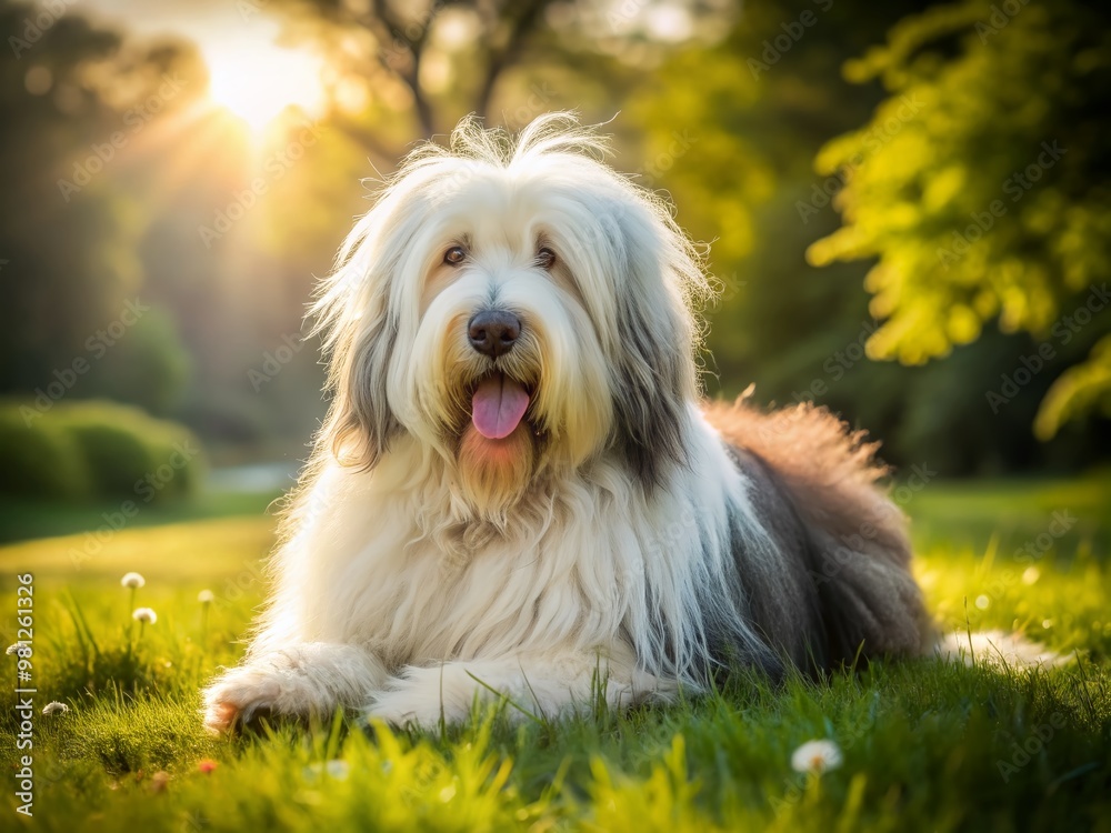 Fluffy Old English sheepdog lies peacefully on lush green grass, its shaggy coat glistening in sunlight, surrounded by serene natural scenery. Fluffy Old English sheepdog lies peacefully on lush green grass, its shaggy coat glistening in sunlight, surrounded by serene natural scenery.