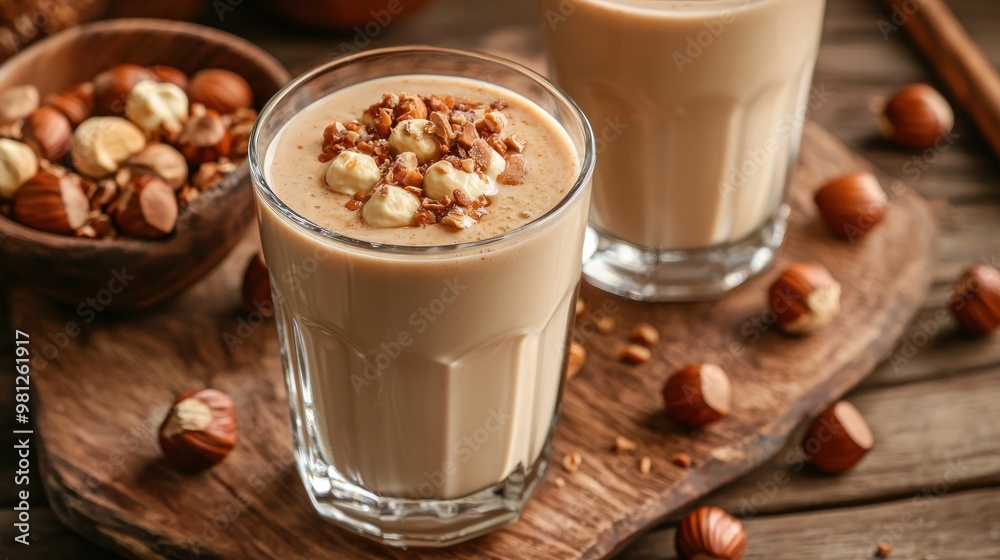 Warm hazelnut milk with a touch of caramel syrup, served in a clear glass. Warm hazelnut milk with a touch of caramel syrup, served in a clear glass.
