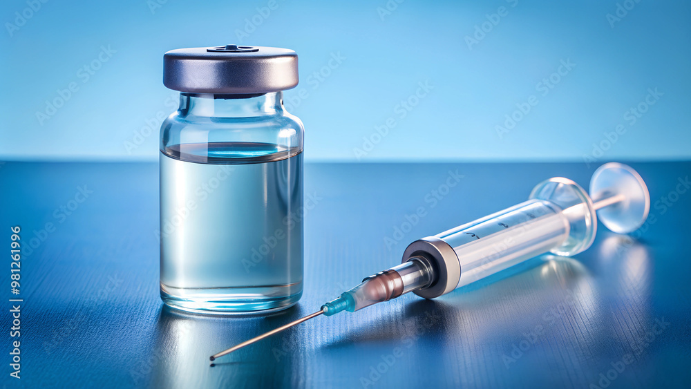 A bottle of vaccine or medicine and a syringe. Vaccine against a virus A bottle of vaccine or medicine and a syringe. Vaccine against a virus