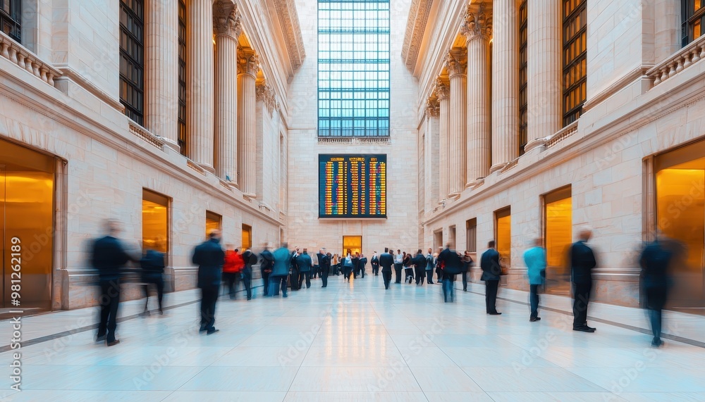 Fototapeta premium A bustling scene inside a grand hall, capturing the motion of people against elegant architecture and vast open space.
