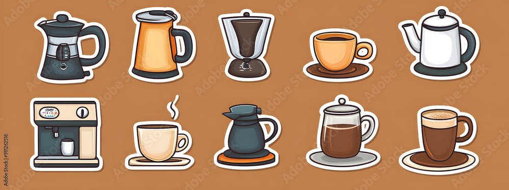 Sticker vector image of a coffee maker, with various types and styles of coffee brewing equipment on a brown background. Vector illustration, in a cartoon style for stickers or label design Sticker vector image of a coffee maker, with various types and styles of coffee brewing equipment on a brown background. Vector illustration, in a cartoon style for stickers or label design