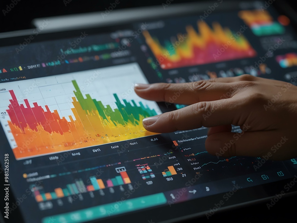 Close-up of a hand scrolling a tablet with colorful data visualizations. Close-up of a hand scrolling a tablet with colorful data visualizations.