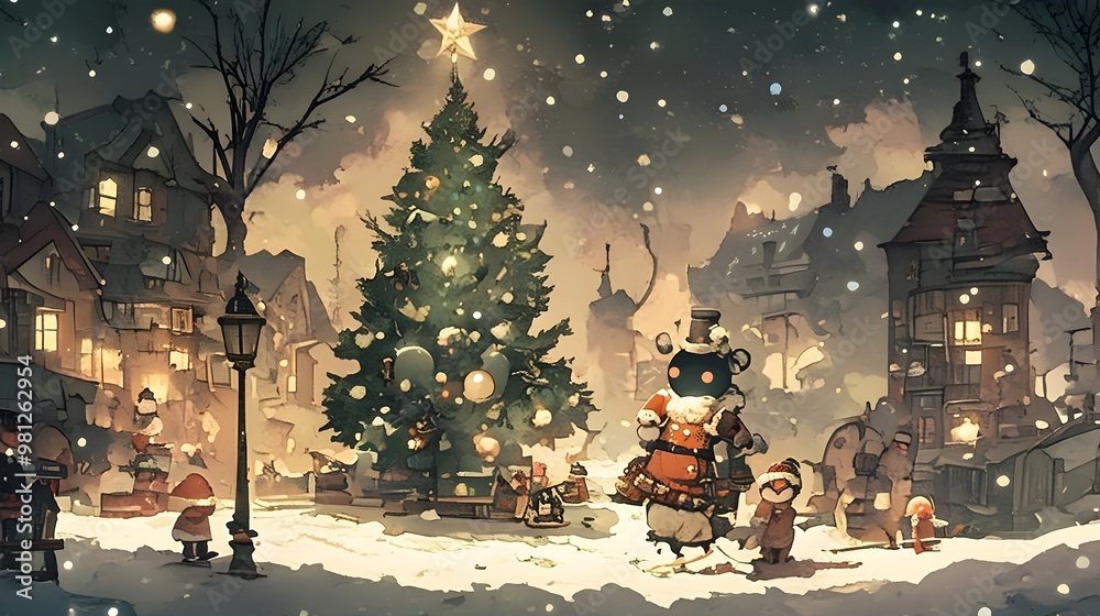 Obraz premium Festive Christmas Scene with Whimsical Companion in Snowy Watercolor Village