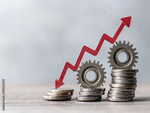Capital represented as gears turning slowly under the weight of inflation, wages shrinking in the background Economic pressure, concept stagnation