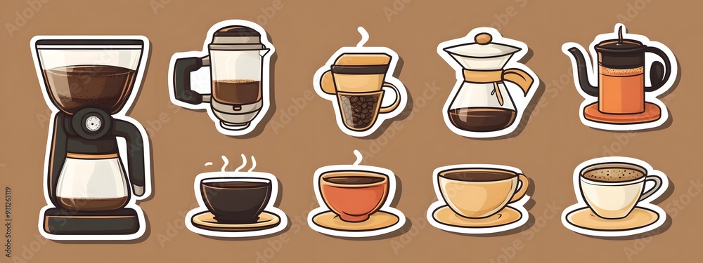 Sticker vector image of a coffee maker, with various types and styles of coffee brewing equipment on a brown background. Vector illustration, in a cartoon style for stickers or label design Sticker vector image of a coffee maker, with various types and styles of coffee brewing equipment on a brown background. Vector illustration, in a cartoon style for stickers or label design