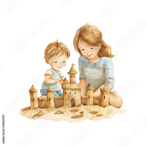 mom and kid build sand castle vector illustration in watercolor style