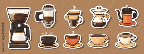 Sticker vector image of a coffee maker, with various types and styles of coffee brewing equipment on a brown background. Vector illustration, in a cartoon style for stickers or label design