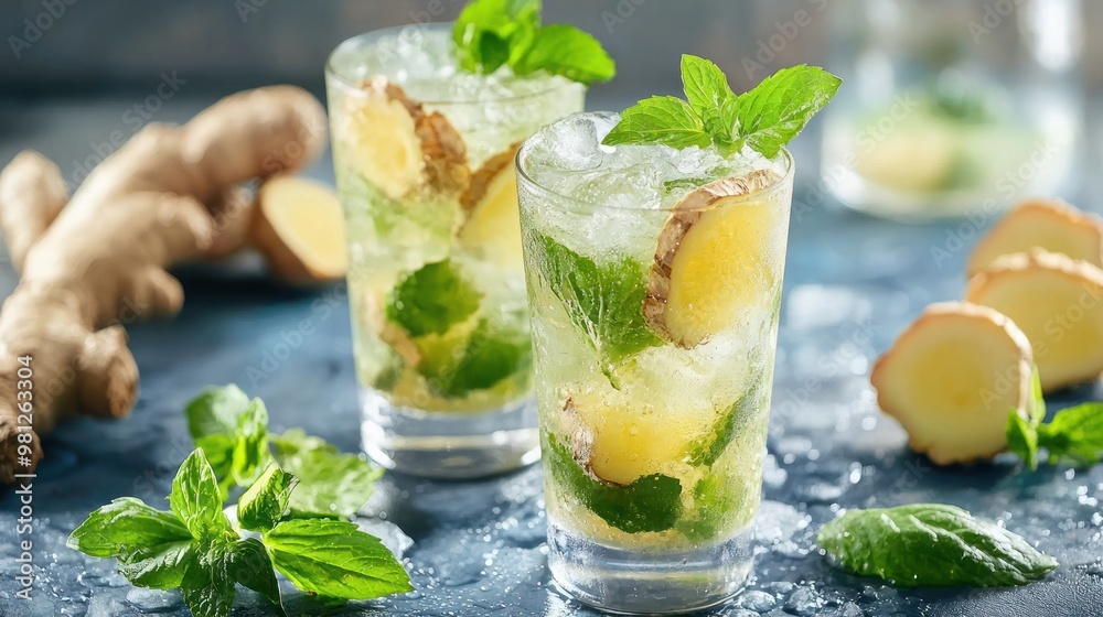 Ginger mojito with a touch of ginger syrup and fresh ginger slices, featuring a subtle spice and a refreshing look. Ginger mojito with a touch of ginger syrup and fresh ginger slices, featuring a subtle spice and a refreshing look.