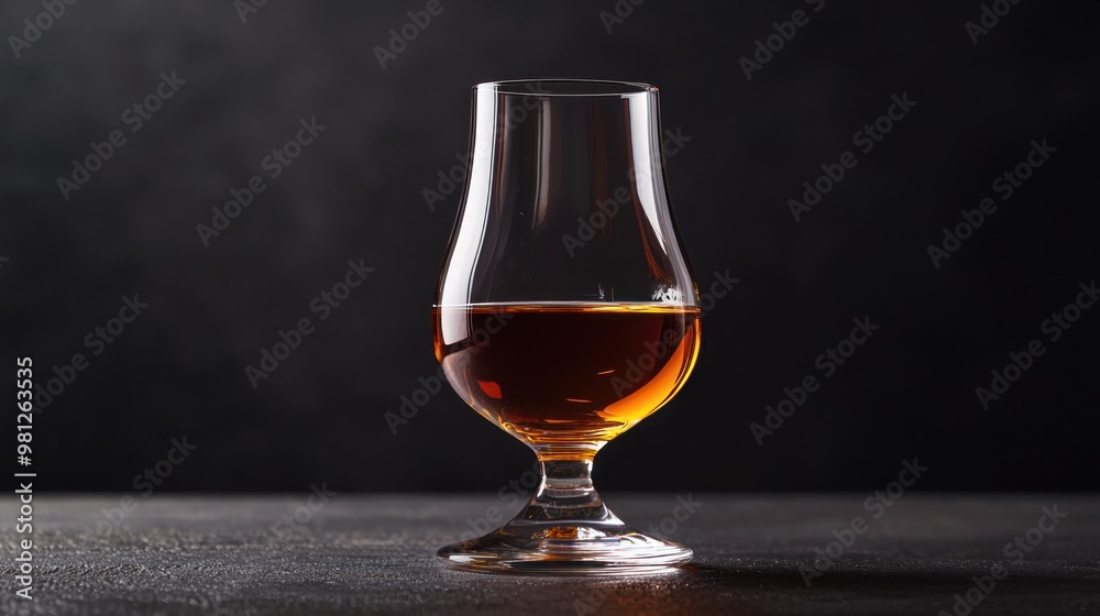 Glass of bourbon with a deep amber color and a touch of caramel. Glass of bourbon with a deep amber color and a touch of caramel.