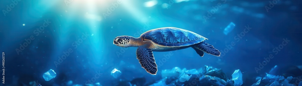Fototapeta premium Sea turtle swimming through plastic waste in the ocean, symbolizing the threat of pollution to marine life