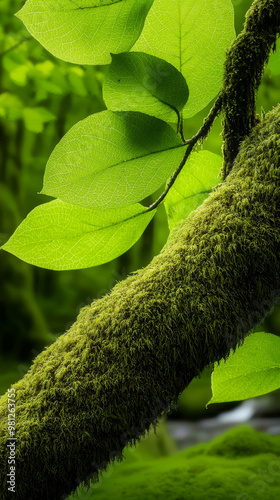 A magical forest setting with lush moss clinging to tree trunks and branches, surrounded by vibrant green leaves and the soft sound of a distant stream. photo