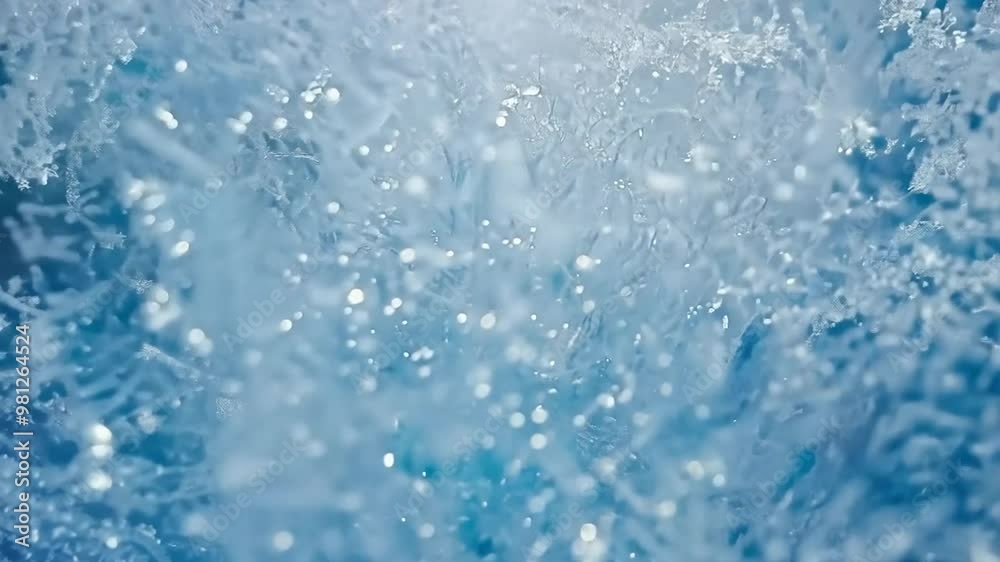 Ice crystals form on a blue background as water freezes slowly, creating intricate and beautiful patterns. The delicate designs evoke a sense of winter's cold and purity Ice crystals form on a blue background as water freezes slowly, creating intricate and beautiful patterns. The delicate designs evoke a sense of winter's cold and purity