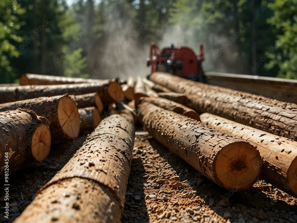 Close-up of a sawmill conveyor belt with freshly cut logs and sawdust. Close-up of a sawmill conveyor belt with freshly cut logs and sawdust.