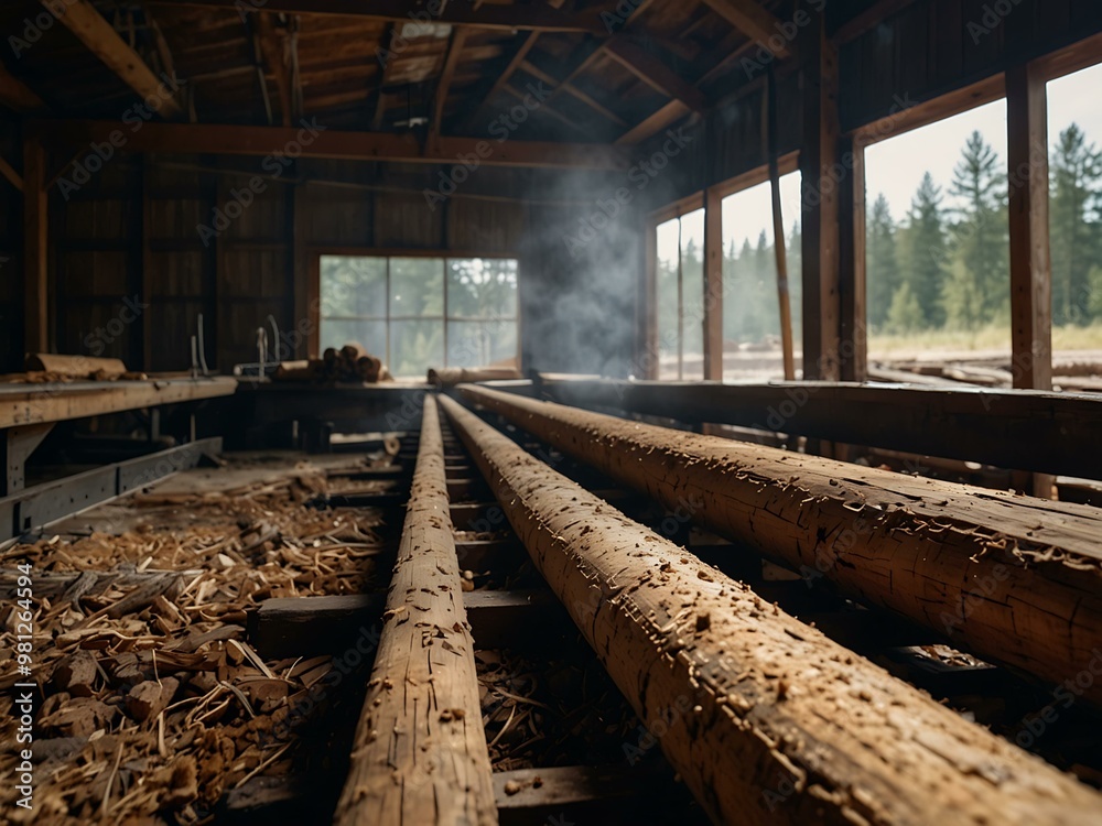 Close-up of a sawmill conveyor belt with freshly cut logs and sawdust. Close-up of a sawmill conveyor belt with freshly cut logs and sawdust.