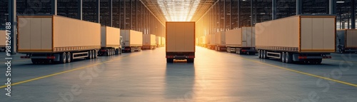 A modern warehouse with trucks lined up, illuminated by the warm glow of sunset, symbolizing logistics and transportation.