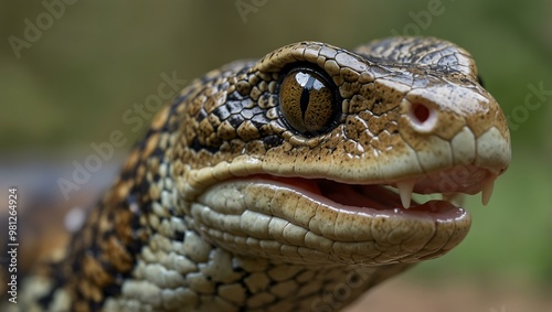 Close-up of a snake’s head with its tongue out.