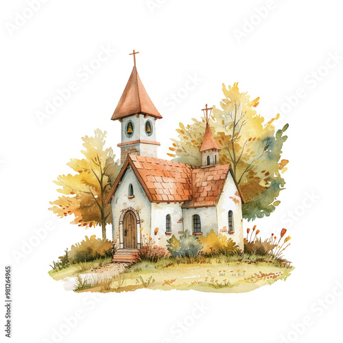 old church with nature lanscape vector illustration in watercolor style