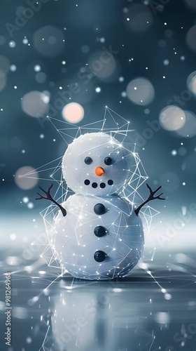 Magical Snowman in Ethereal Winter Wonderland with Fractal Polygon Accents