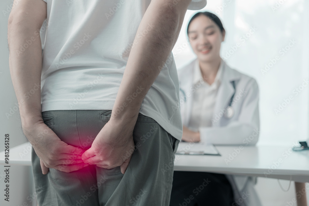 Fototapeta premium A young man with hemorrhoids is consulting a doctor. Man touches her butt because of stomach pain and hemorrhoids Health care concept People with hemorrhoids