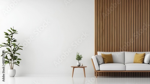 Contemporary living room with a wooden slat accent wall and minimalist decor, modern minimalist, open and spacious