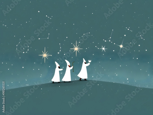 Mystical winter night landscape with three silhouetted figures following a guiding star of prophecy photo