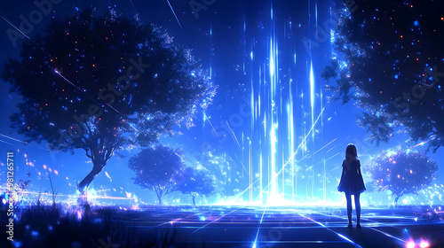 Girl Gazes at the Lights in a Magical Forest