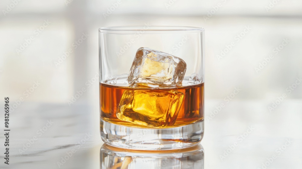 Glass of smooth bourbon with a rich amber color and a few ice cubes, showcasing its caramel and vanilla notes. Glass of smooth bourbon with a rich amber color and a few ice cubes, showcasing its caramel and vanilla notes.