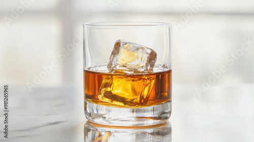 Glass of smooth bourbon with a rich amber color and a few ice cubes, showcasing its caramel and vanilla notes.