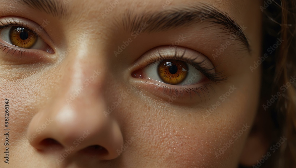 Close-up of a young woman’s brown eyes focused on a bright light source. Close-up of a young woman’s brown eyes focused on a bright light source.