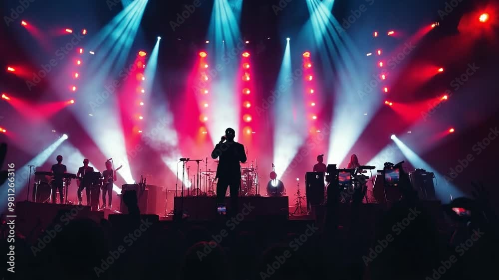 This Musicians perform energetically on stage, surrounded by vibrant lights and an enthusiastic crowd.