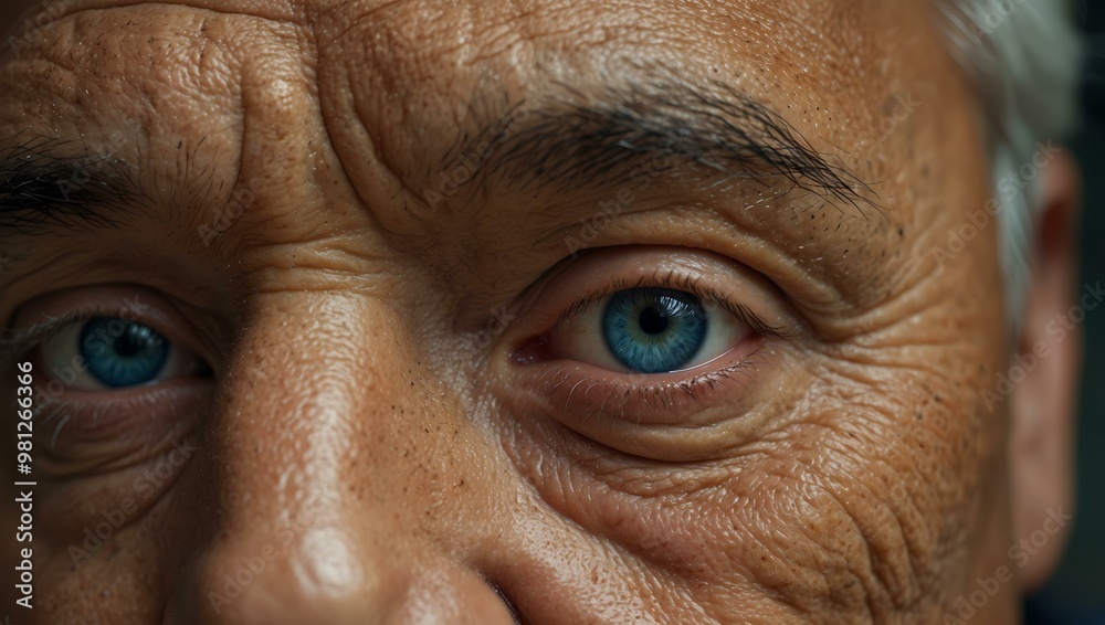 Close-up of an elderly Asian man's blue eyes with detailed wrinkles. Close-up of an elderly Asian man's blue eyes with detailed wrinkles.