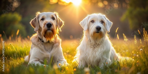 Adorable Sealyham Terrier and gentle Golden Retriever dogs sit side by side on a sunny meadow, showcasing their unique breeds and heartwarming friendship. photo