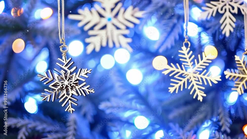 Silver snowflakes hang gracefully on a christmas tree, while a backdrop of blurred blue bokeh lights creates a magical and festive atmosphere, perfect for the holiday season Silver snowflakes hang gracefully on a christmas tree, while a backdrop of blurred blue bokeh lights creates a magical and festive atmosphere, perfect for the holiday season