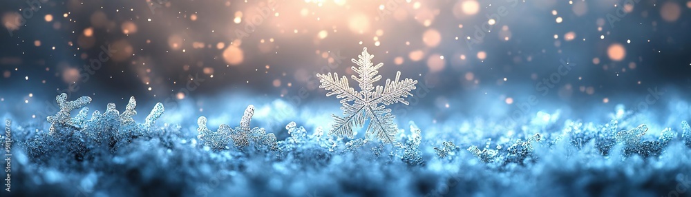 A beautiful snowflake rests on a blanket of shimmering frost, illuminated by soft, glowing winter light. A beautiful snowflake rests on a blanket of shimmering frost, illuminated by soft, glowing winter light.