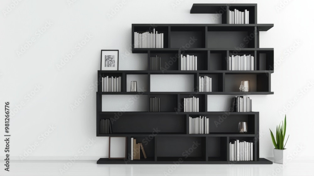 Front view of bookshelf made with natural wood material to furnishing home office. Cabinet with books, magazines, journals and home decor in modern apartment