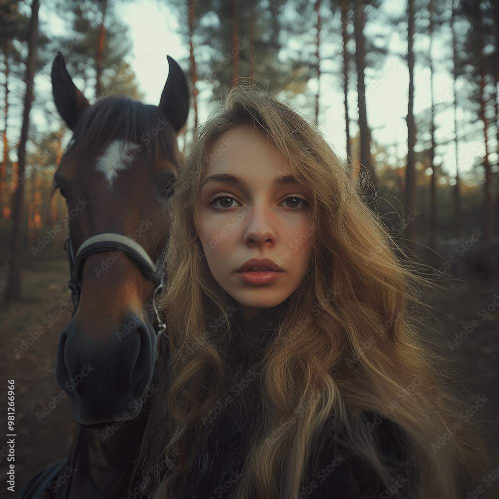 Obraz premium Portrait of a girl on a horse, surrealism style, looking straight into the camera, AFTERGLOW, Color-Gel, forest in the background, palette of a forest fairy tale, mysterious mood