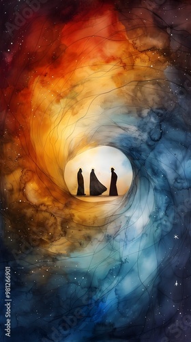 Three Mystic Travelers Journeying Through a Cosmic Wormhole