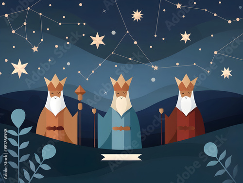Three Wise Men Following Constellation of Prophecy in Starry Night Landscape