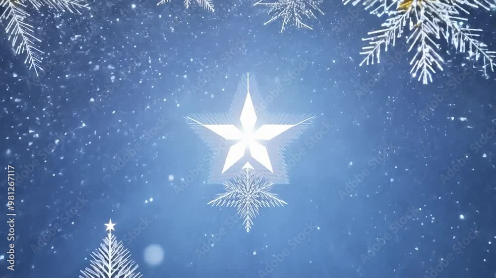 White star shining over a blue winter wonderland background with falling snow and sparkling lights. Perfect for christmas or winter themed projects White star shining over a blue winter wonderland background with falling snow and sparkling lights. Perfect for christmas or winter themed projects