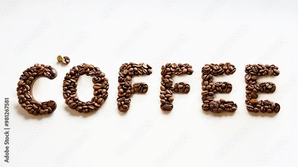 Coffee beans creatively forming the word coffee against a clean white background. The arrangement highlights the natural beauty and aroma of this beloved beverage Coffee beans creatively forming the word coffee against a clean white background. The arrangement highlights the natural beauty and aroma of this beloved beverage
