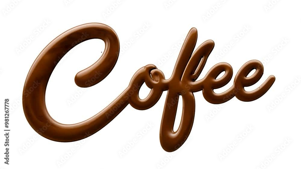 Liquid chocolate flows gracefully, forming the word coffee against a clean white background. The smooth texture and rich color create an enticing visual of indulgence and creativity