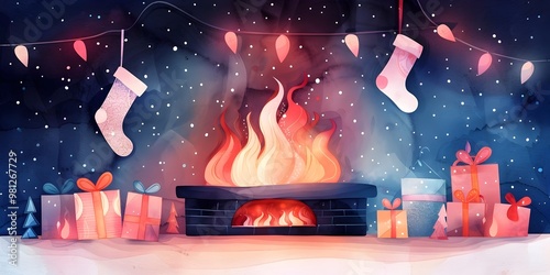 Watercolor Fireplace with Holographic Flames and Shimmering