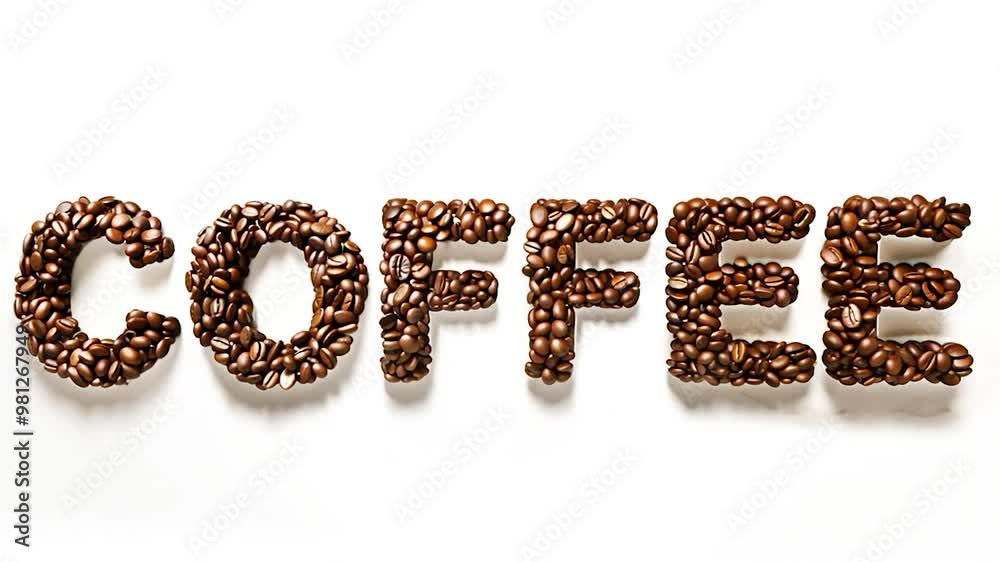 Coffee beans gradually appearing on a white background form the word coffee. Each bean contributes to the creation of a visually appealing and engaging text display Coffee beans gradually appearing on a white background form the word coffee. Each bean contributes to the creation of a visually appealing and engaging text display