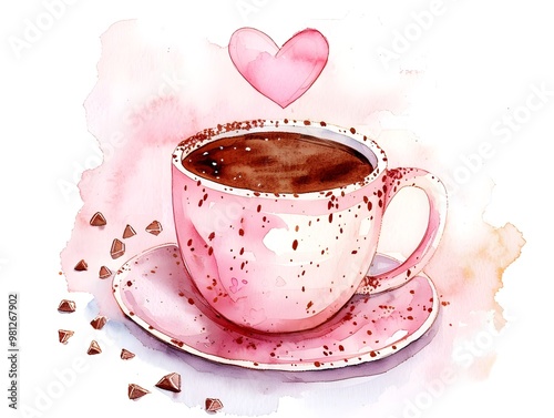 Watercolor Styled Cocoa Beverage with Heart Shaped Foam on Ceramic Mug